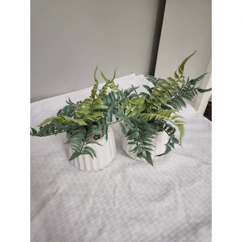 Set of 2 Artificial Fern Plants in White Ribbed Ceramic Pots Faux Greenery Decor